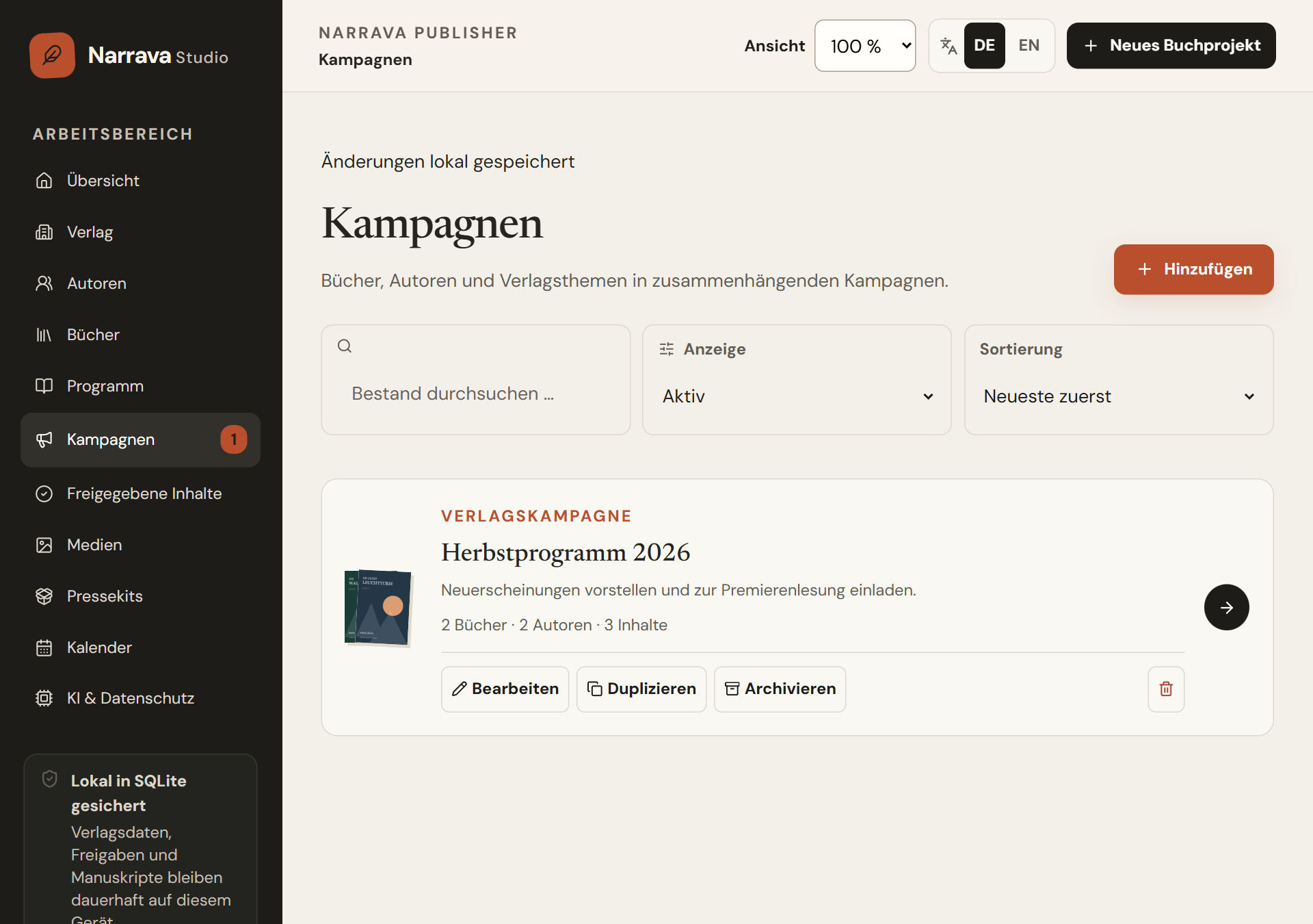 Kampagnenübersicht von Narrava Studio Publisher