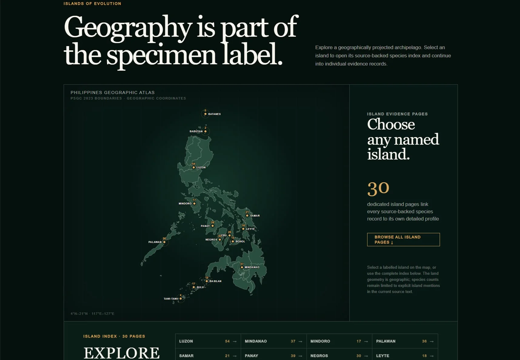 Islands of Evolution: Karte, Regionen und Wissensinhalte schaffen einen visuellen Zugang zu einer umfangreichen Datenwelt.