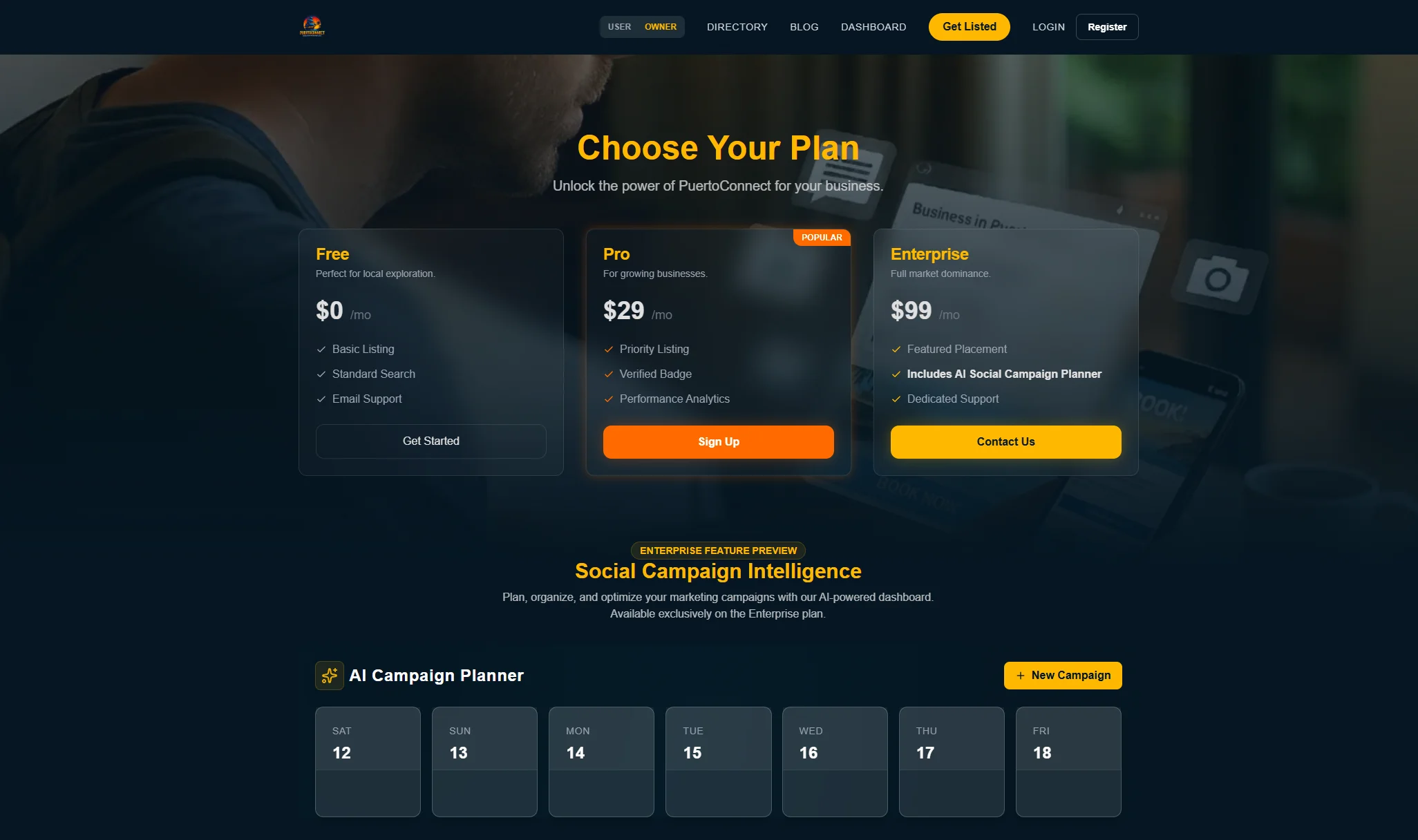 PuertoConnect: Tarife, Leistungsumfang und ein Kampagnenplaner zeigen, wie Website und Anwendung zusammenfinden.